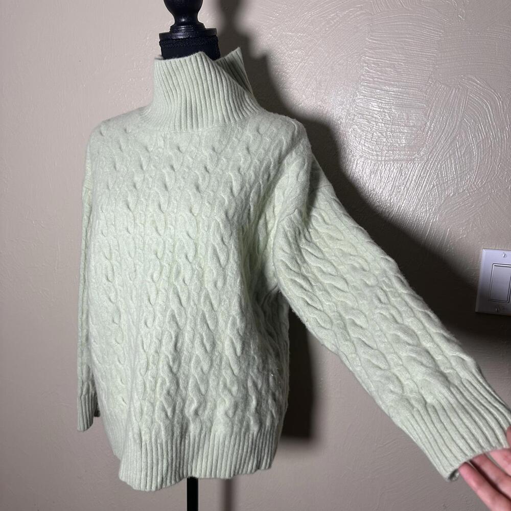 Classic Preppy Merino Wool Cable Knit Turtleneck Sweater in Soft Mint Green